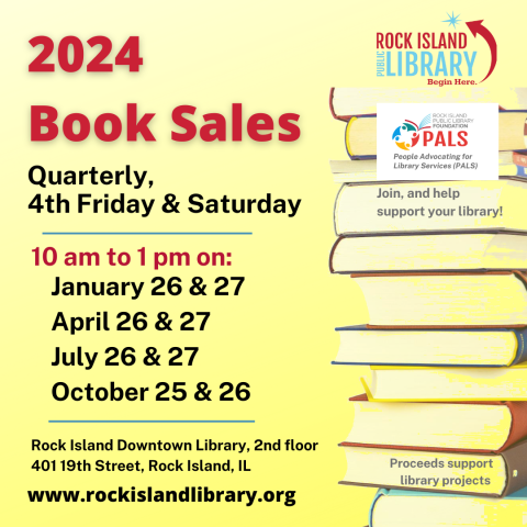 yellow background, stack of books along one edge, title 2024 Book Sales