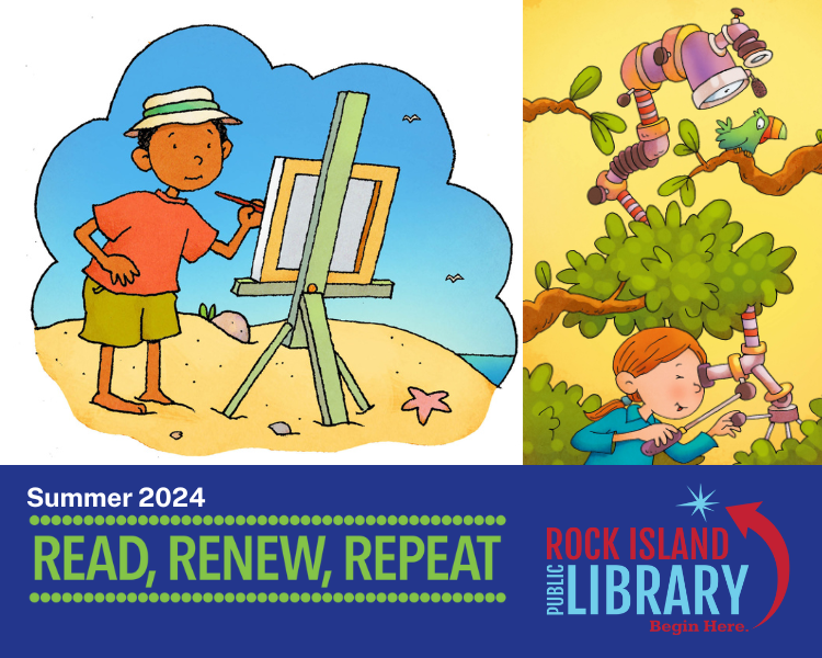 Cartoon of kids making art or participating in science_math activities_Title Summer 2024 Read Renew Repeat. Library logo 